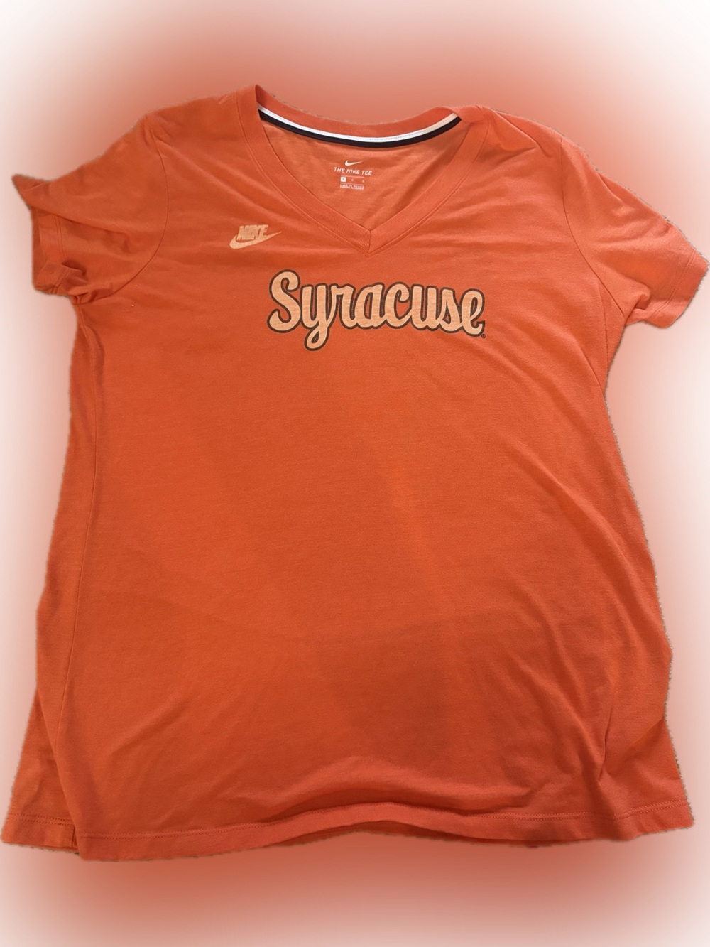 Nike Orange Women’s V-Neck Tee with White Script Logo